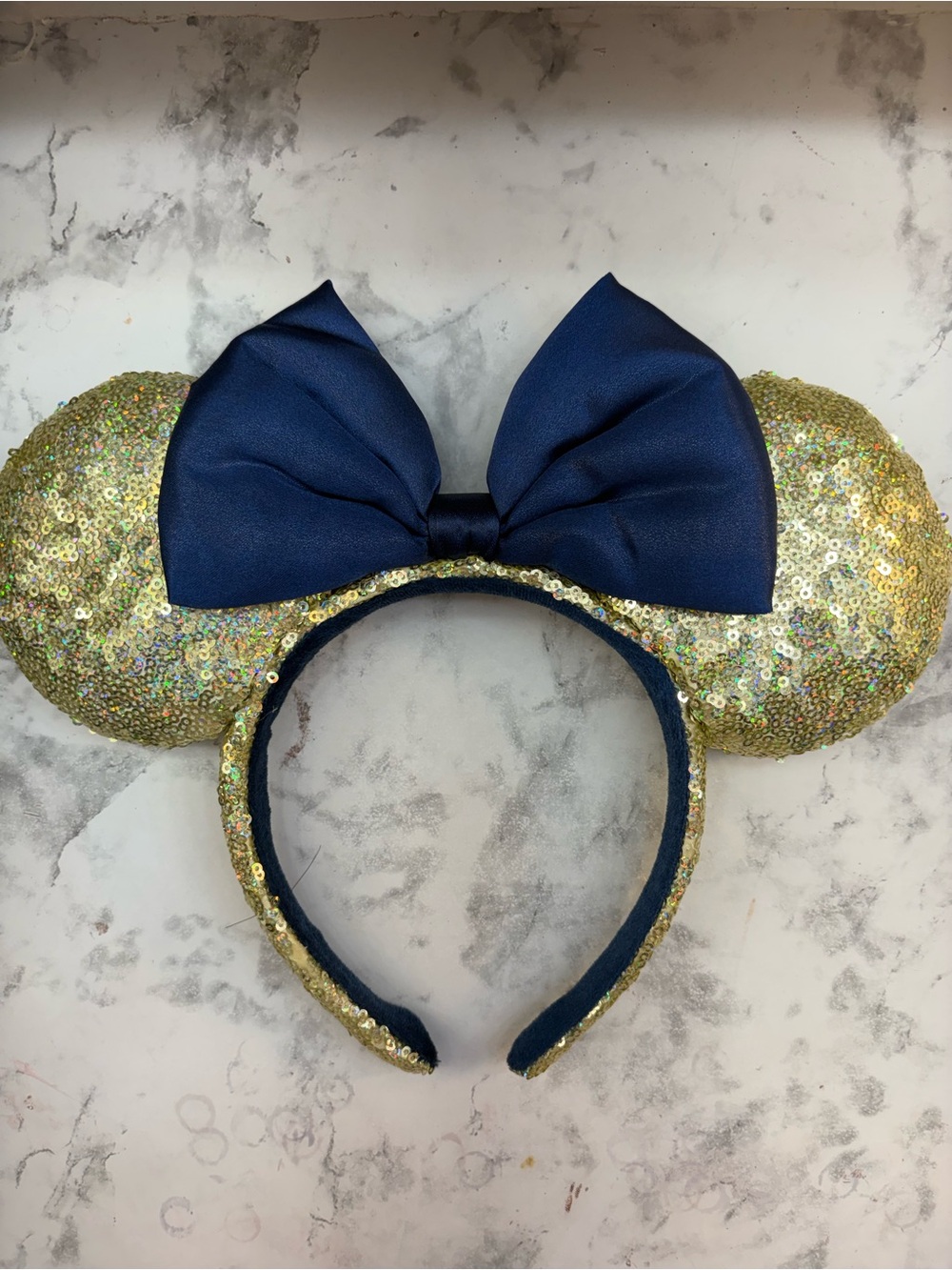 Gold Sequin Minnie Ears Headband with Navy Bow